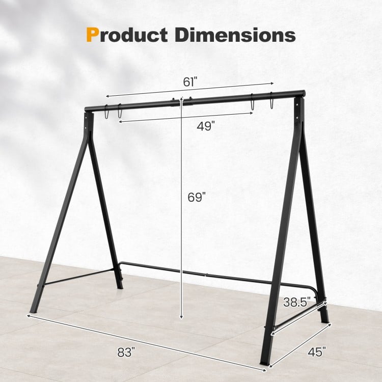 Patio metal swing stand dimensions showing A-shaped structure, black finish, and sturdy rustproof frame for stability.