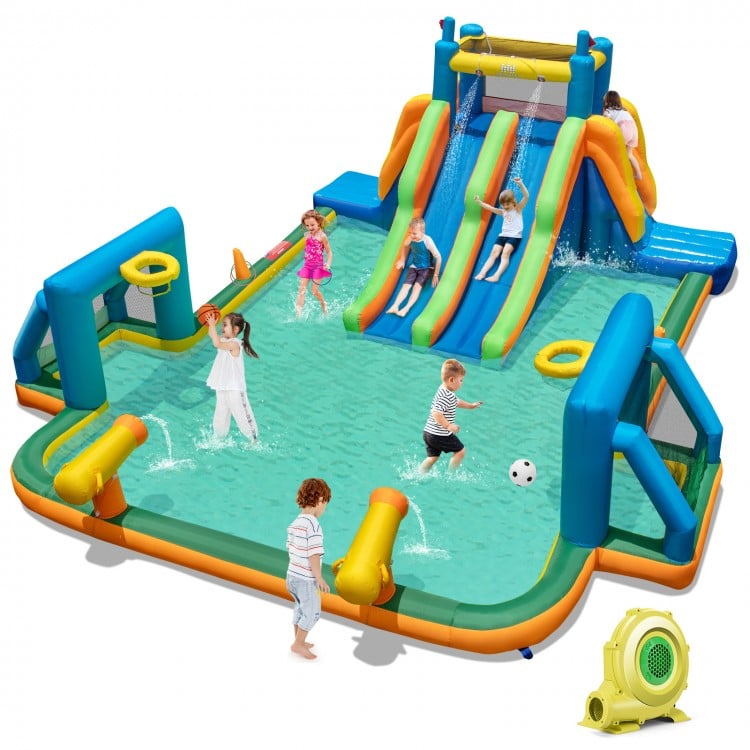 Kids inflatable water slide with two long slides, splash pool, and soccer gates for summer fun in the backyard.