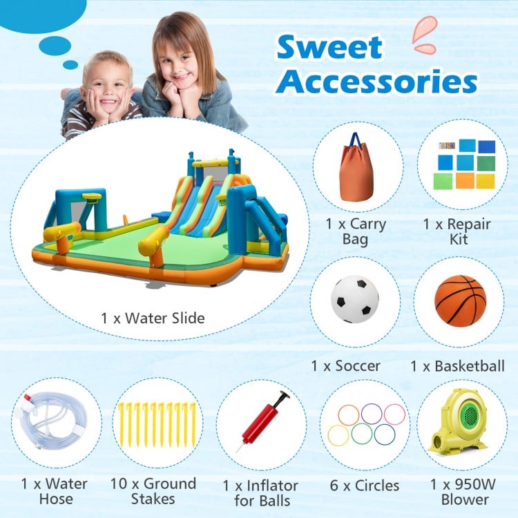 Kids inflatable water slide with 2 long slides, splash pool, and 950W blower for summer fun in the yard.