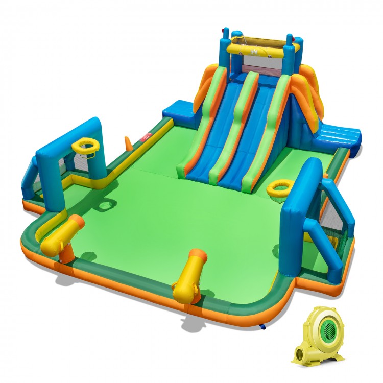Kids inflatable water slide featuring 2 long slides, splash pool, and soccer gates for summer fun in the backyard.