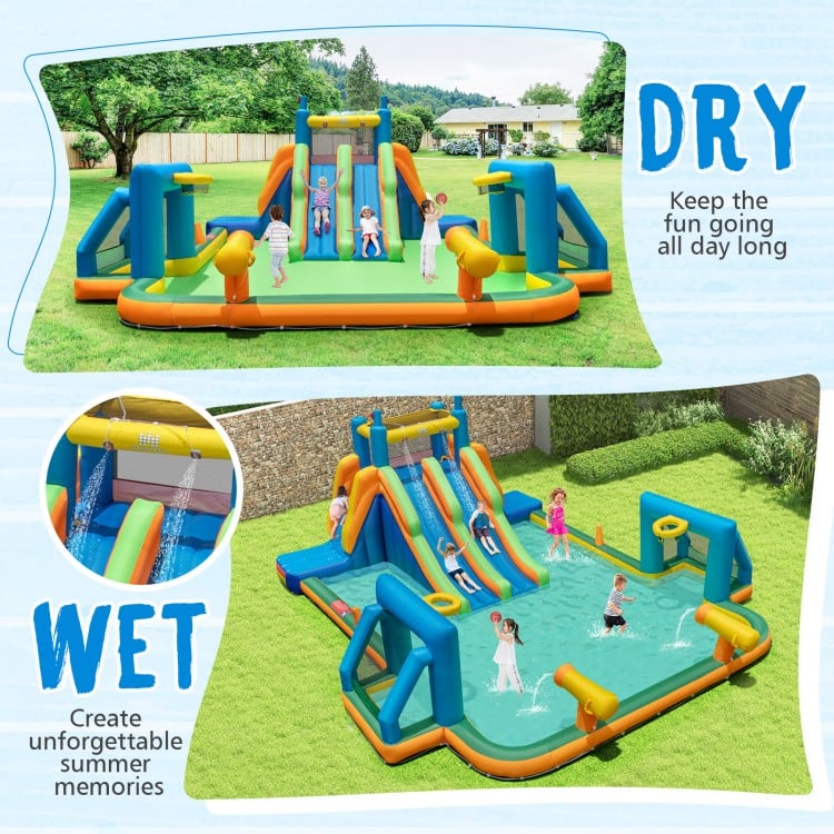 Kids inflatable water slide featuring two long slides, splash pool, and soccer gates for summer fun in the yard.
