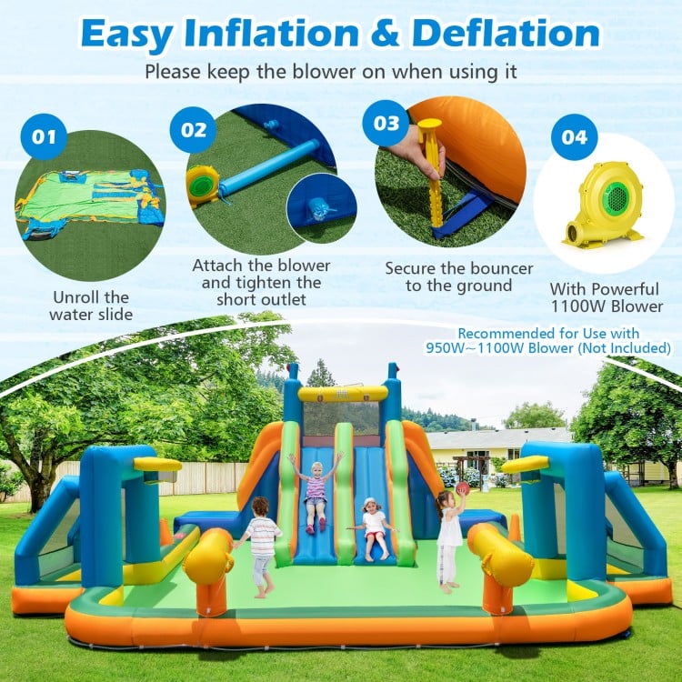 Kids inflatable water slide featuring 2 long slides, splash pool, and soccer gates, ideal for summer fun in the yard.