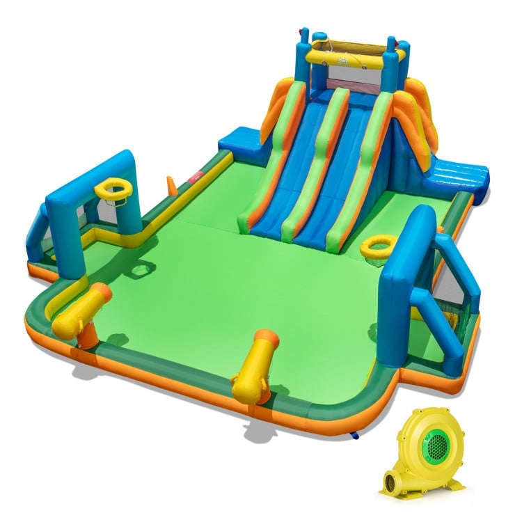 Kids inflatable water slide featuring 2 long slides, splash pool, and soccer gates for outdoor summer fun.
