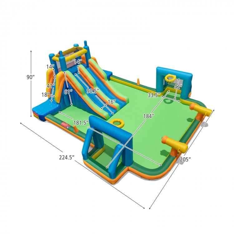 Dimensions of the kids inflatable water slide with two long slides and splash pool, ideal for summer yard fun.