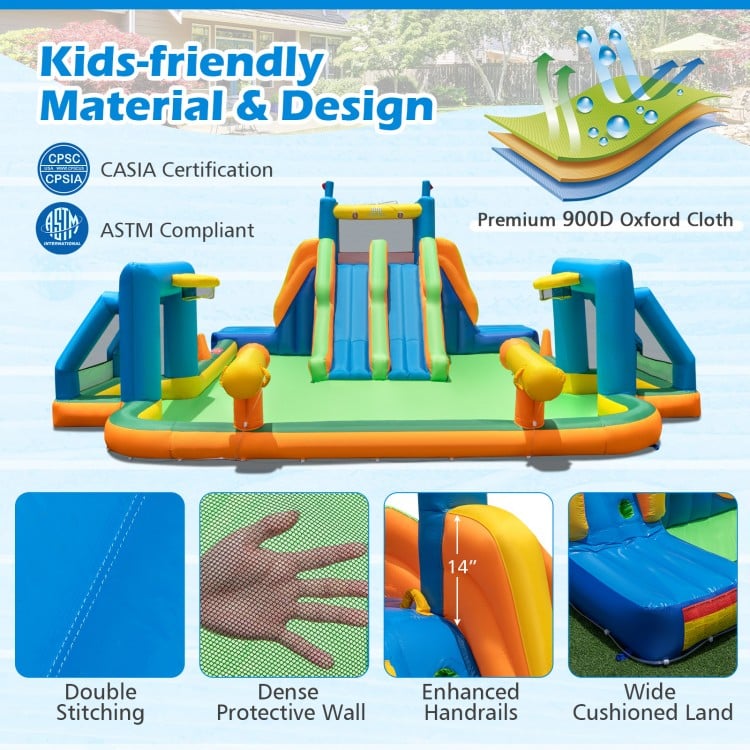 Kids inflatable water slide featuring 2 long slides, splash pool, and soccer gates for summer fun in the yard.