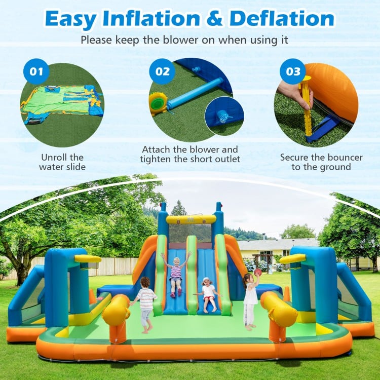 Close-up of the waterproof Oxford cloth texture on the kids inflatable water slide, ensuring durability for summer fun.