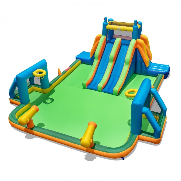 Kids inflatable water slide with vibrant colors, featuring a large splash pool and two fun slides for outdoor.