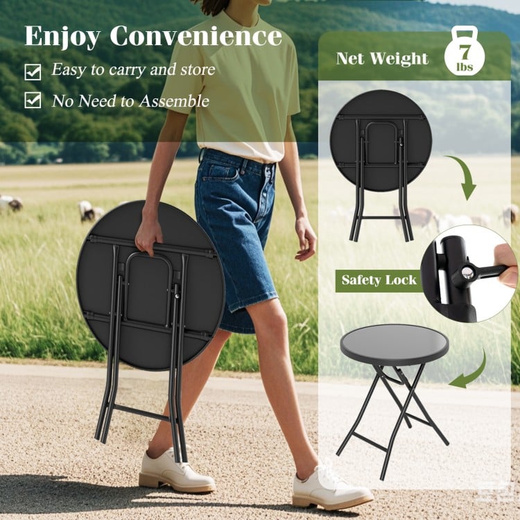 Round black folding side table with safety lock, lightweight design, perfect for indoor and outdoor use.