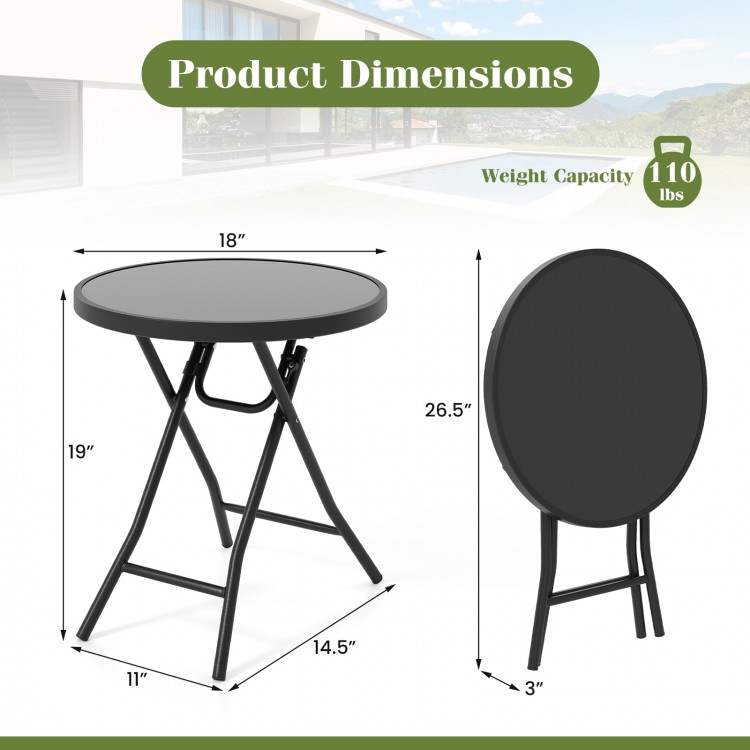 Round black 18-inch folding side table with dimensions and weight capacity, ideal for indoor and outdoor use.