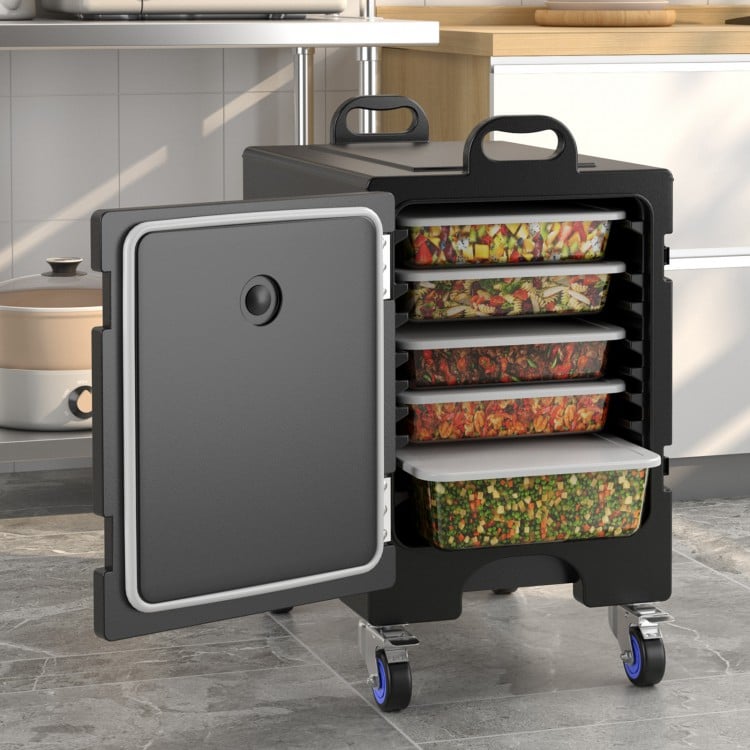 End-loading insulated food pan carrier with wheels, 81 Quart capacity, designed for easy transport and food insulation.