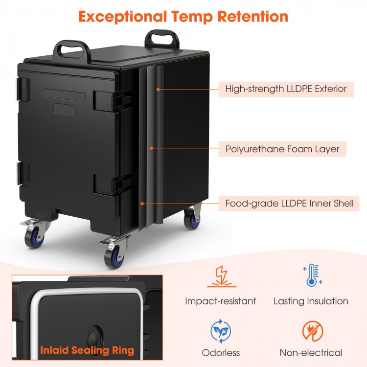 End-loading insulated food pan carrier with wheels, 81 Quart capacity, food-grade LLDPE, ideal for transporting meals.