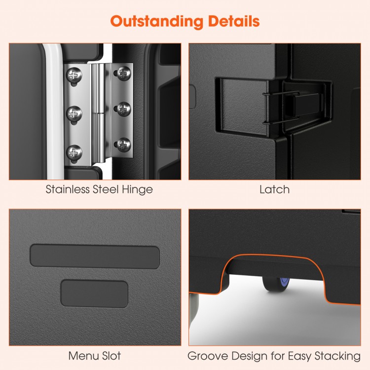Stainless steel hinge and latch details of the 81 Quart insulated food pan carrier for easy transport and stacking.