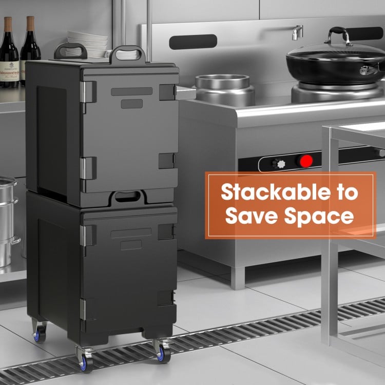 Stackable 81 Quart insulated food pan carrier with wheels, designed for easy transport and efficient food storage.