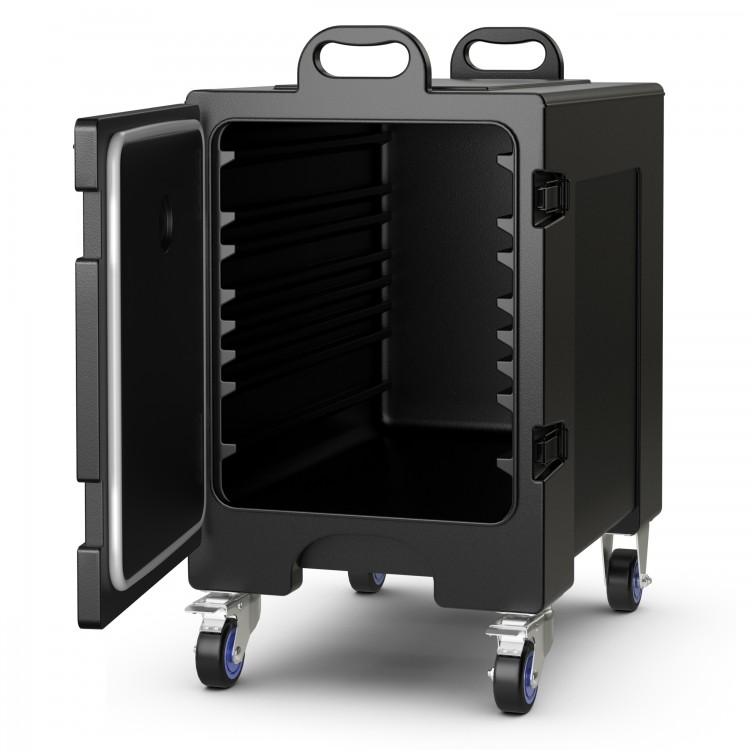 End-loading insulated food pan carrier with wheels, 81 Quart capacity, designed for easy transport and optimal.