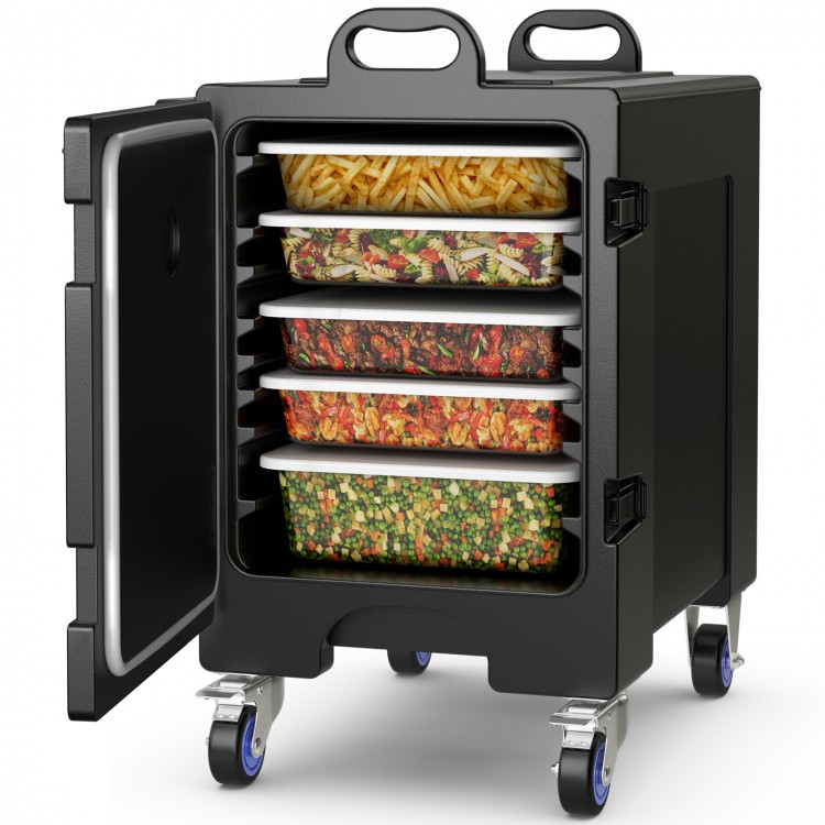Interior view of the 81 Quart insulated food pan carrier showing multiple slots for full-size pans and efficient.