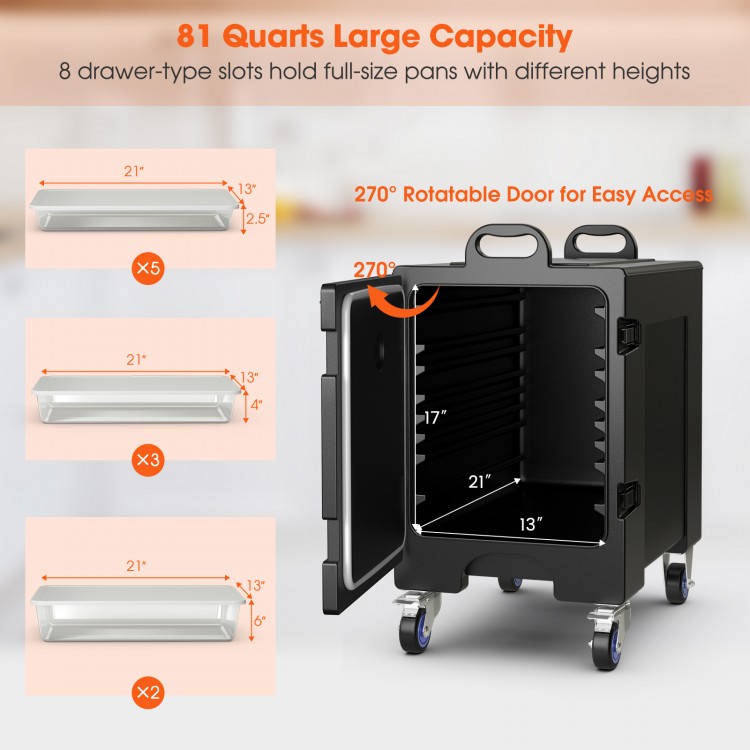 End-loading insulated food pan carrier with 81 quart capacity, featuring 270° door and wheels for easy transport.