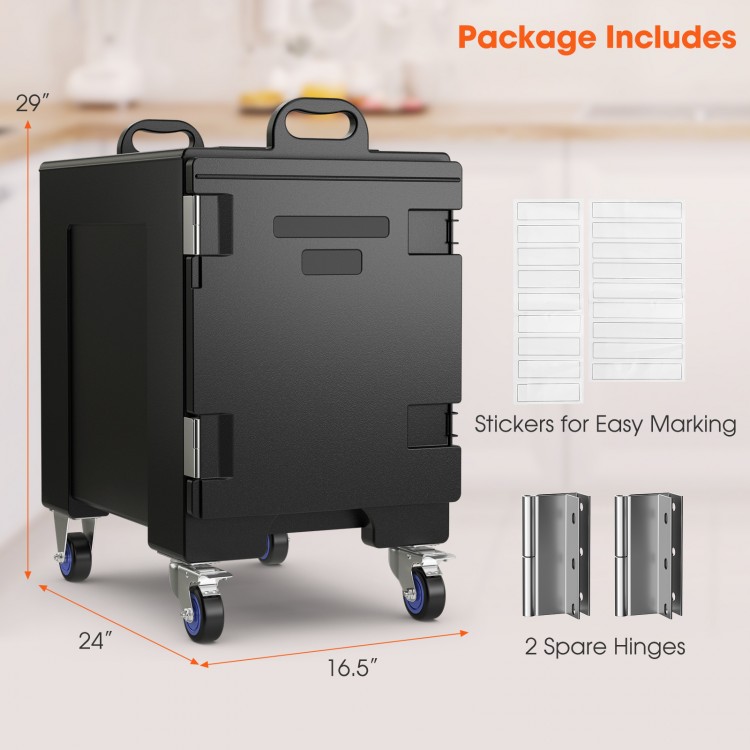 End-loading insulated food pan carrier with wheels, 81 quart capacity, designed for easy transport and stacking.