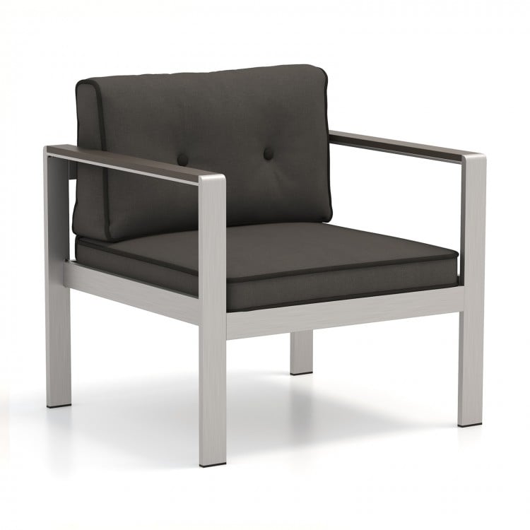 Contemporary gray sofa chair with WPC armrests and cushions, featuring a sturdy aluminum frame for modern outdoor use.