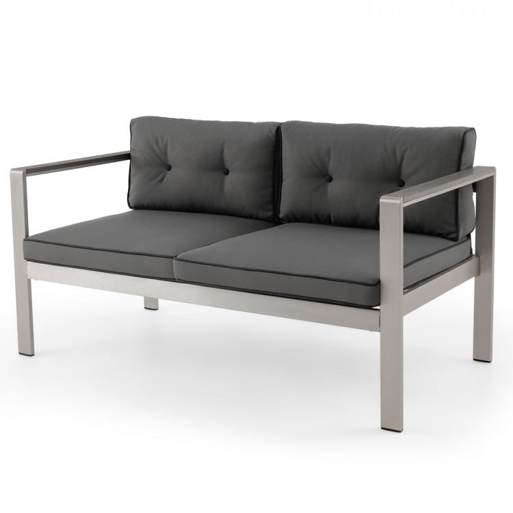 Contemporary 2-person sofa chair with WPC armrests and gray cushions, perfect for balcony or backyard relaxation.