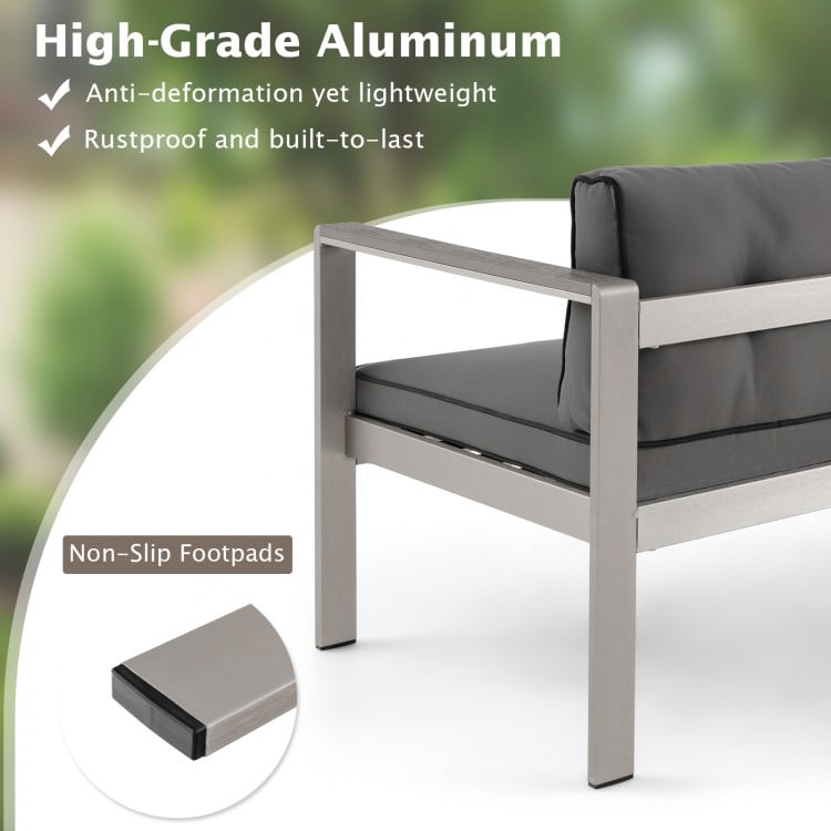 Contemporary 2-person sofa chair with WPC armrests, aluminum frame, and non-slip footpads for balcony or porch use.