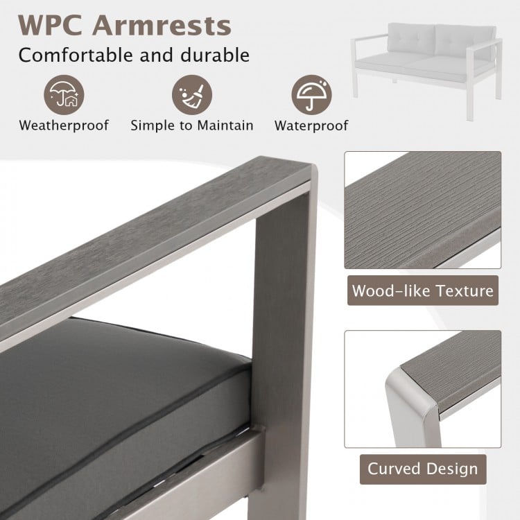 Contemporary 2-person sofa chair with WPC armrests, featuring a soft cushion and sturdy aluminum frame for outdoor use.