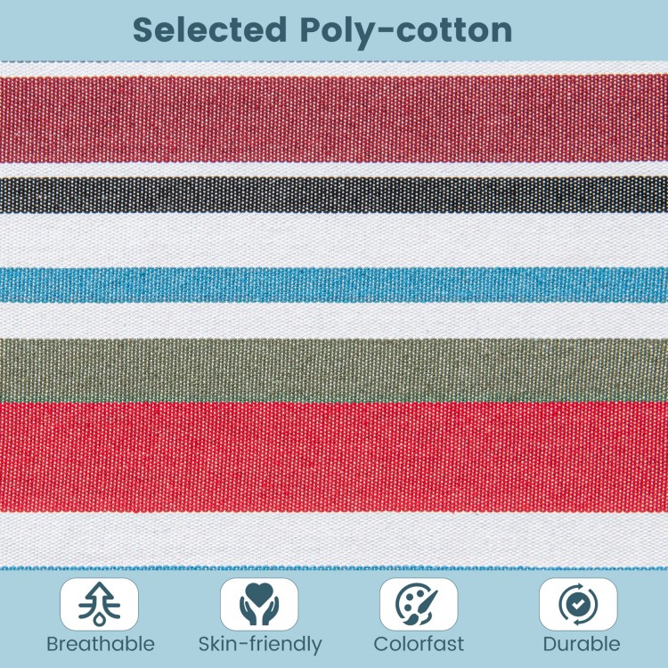 Multicolor poly-cotton fabric of the hammock, showcasing breathable and skin-friendly material for outdoor relaxation.