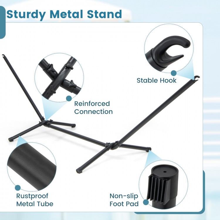 Sturdy metal stand for hammock featuring rustproof tube, non-slip foot pads, and reinforced connections for stability.