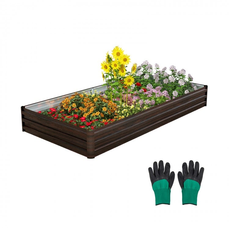 Large outdoor metal planter box with vibrant flowers and gloves, perfect for cultivating vegetables and herbs.