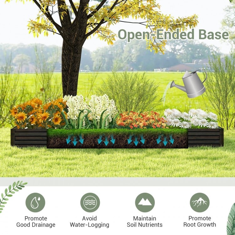 Large outdoor metal planter box with open-ended base, designed for vegetables and flowers, promoting good drainage.