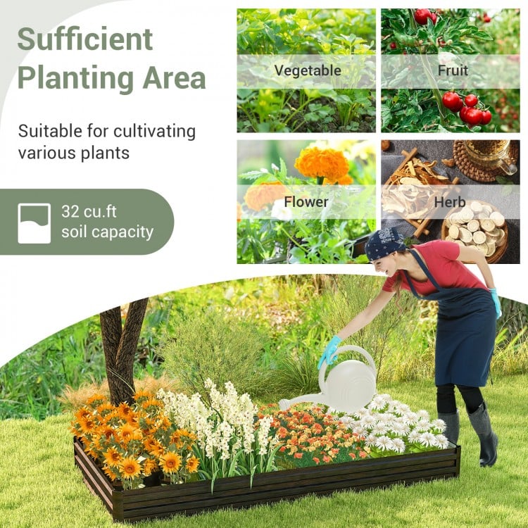 Large outdoor metal planter box in coffee color, ideal for growing vegetables, flowers, and herbs with 32 cu.ft soil.