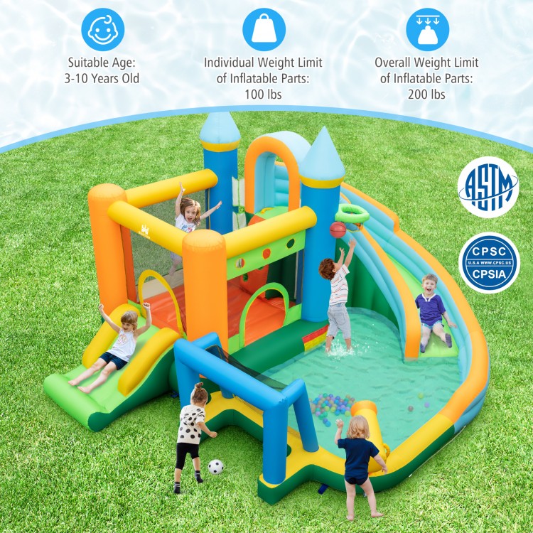 Inflatable water slide with dual slides and splash pool, featuring colorful ocean balls and sports activities for kids.