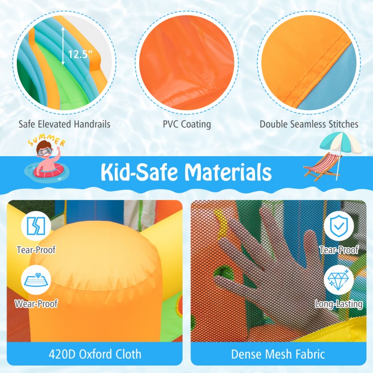 Close-up of the inflatable water slide's durable 420D Oxford cloth and dense mesh fabric, designed for safe play.