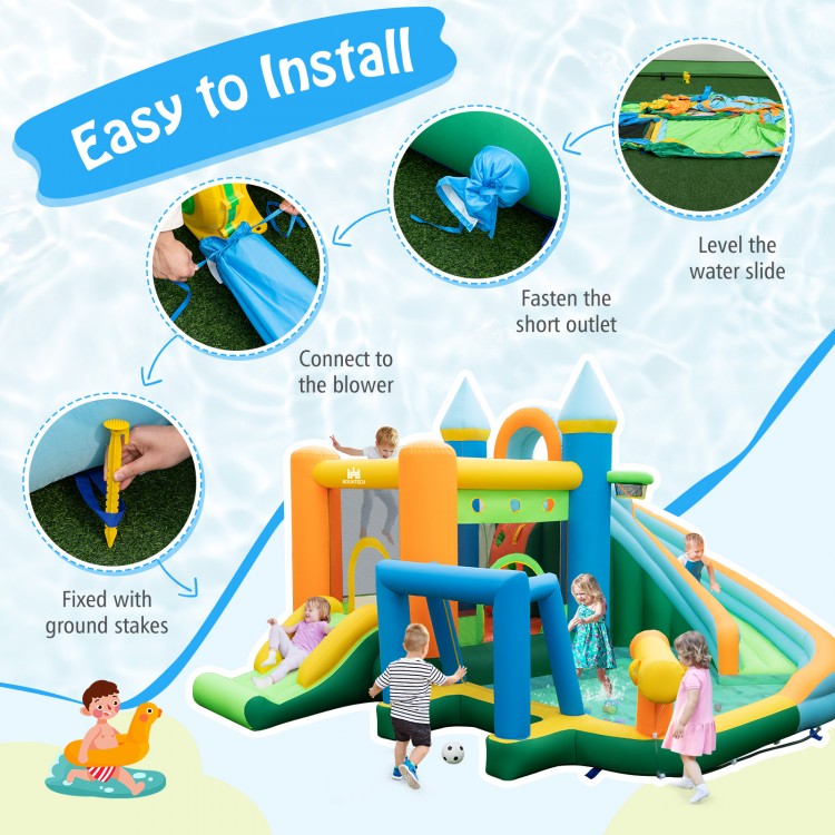 Detail view of the inflatable water slide's climbing wall and protective mesh, ensuring safe and fun summer play for.