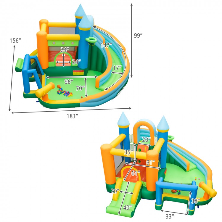 Inflatable water slide with dual slides, splash pool, and climbing wall for outdoor fun, includes 735W blower and.