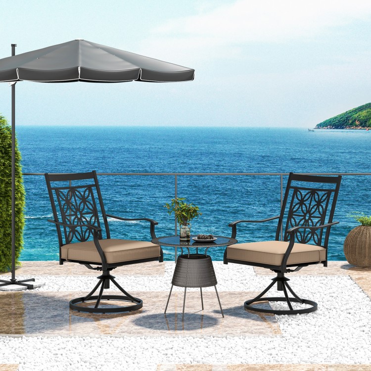 Patio swivel dining chairs with blossom pattern backrest and cushions, designed for outdoor comfort and style.