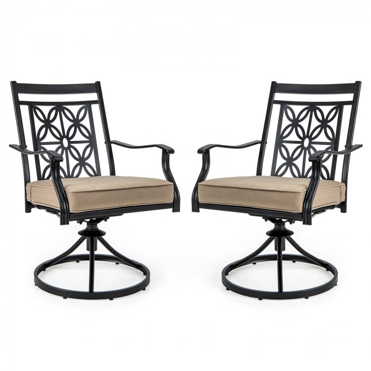 Two black patio swivel dining chairs with blossom pattern backrest and thick cushions for outdoor comfort and style.