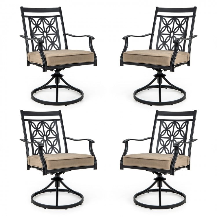 Set of 2 black patio swivel dining chairs with blossom pattern backrest and thick cushions for outdoor comfort.