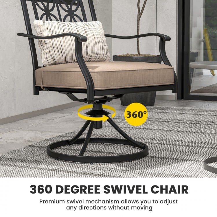 360-degree swivel chair with blossom pattern backrest and thick cushion, designed for outdoor comfort and durability.