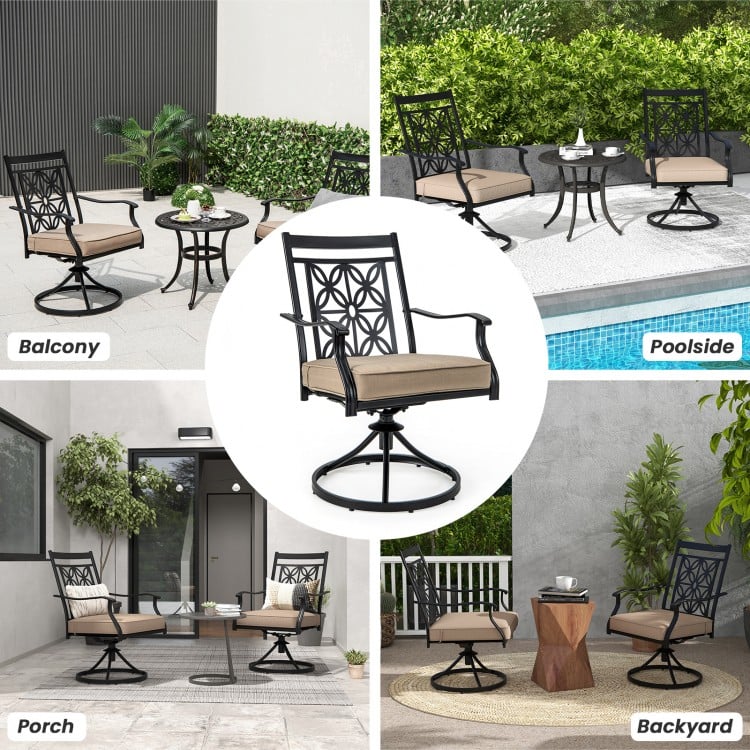 Patio swivel dining chair with blossom pattern backrest and cushion, designed for outdoor comfort and durability.