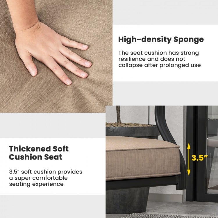 Close-up of the 3.5" thick cushion on a patio swivel dining chair, featuring high-density sponge for comfort and.