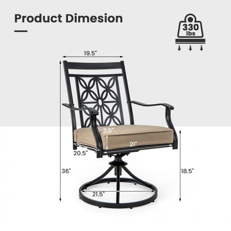 Patio swivel dining chair with blossom pattern backrest, 3.5" cushion, and 330 lbs capacity, ideal for outdoor use.