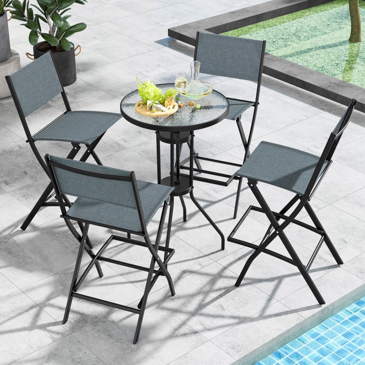 Folding bar stools set of 2 with backrest and footrest in blue, perfect for patio or garden use.