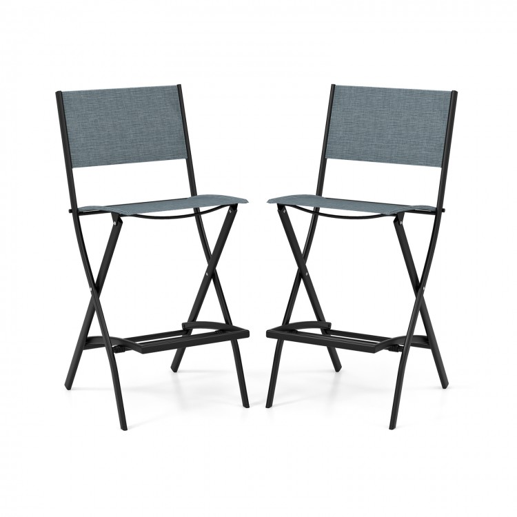 Set of 2 blue folding bar stools with backrest and footrest, featuring a sturdy metal frame for patio or garden use.