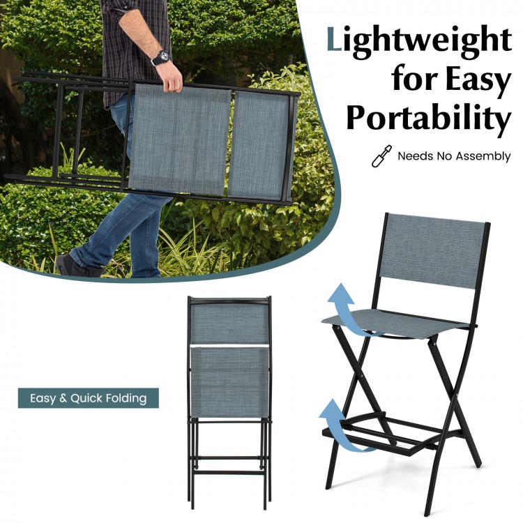 Folding bar stool set of 2 in blue with backrest and footrest, designed for easy portability and space-saving storage.
