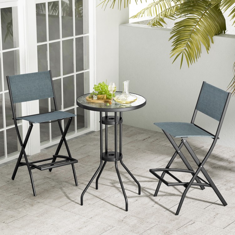 Folding bar stools set of 2 in blue with backrest and footrest, perfect for patio or garden use.