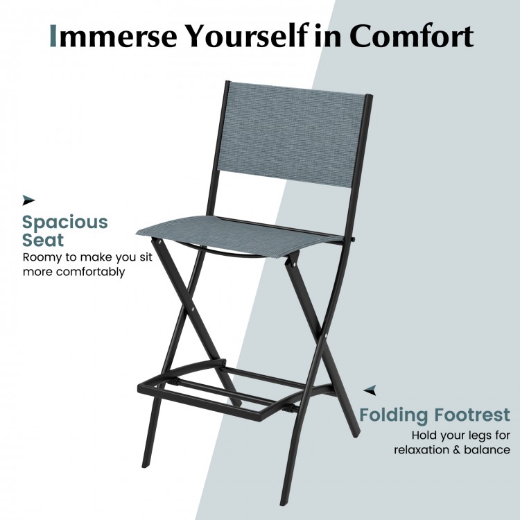 Blue folding bar stool with backrest and footrest, featuring a sturdy metal frame for patio or garden use.