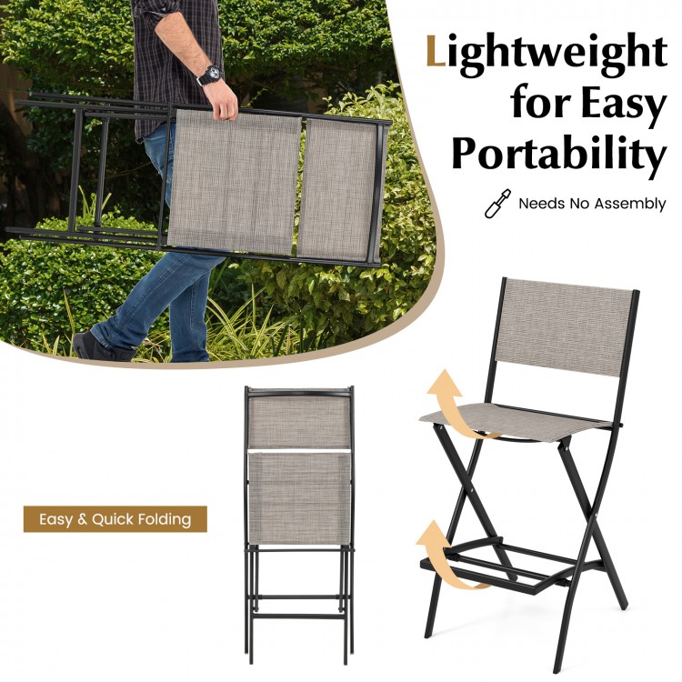 Outdoor folding bar height stool with metal frame, coffee color, lightweight design for easy portability and quick.
