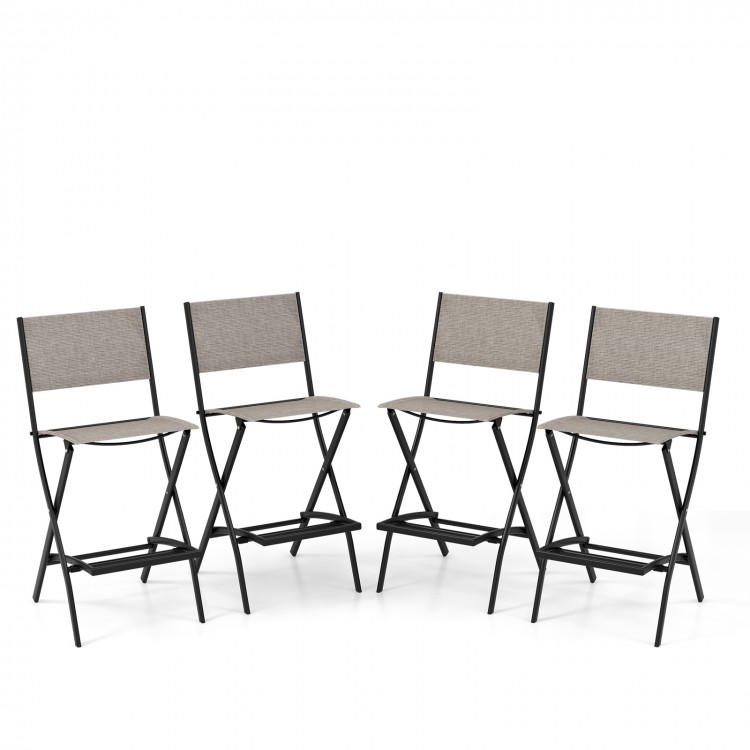 Set of 4 outdoor folding bar height stools with metal frame, coffee color, featuring a spacious seat and footrest for.
