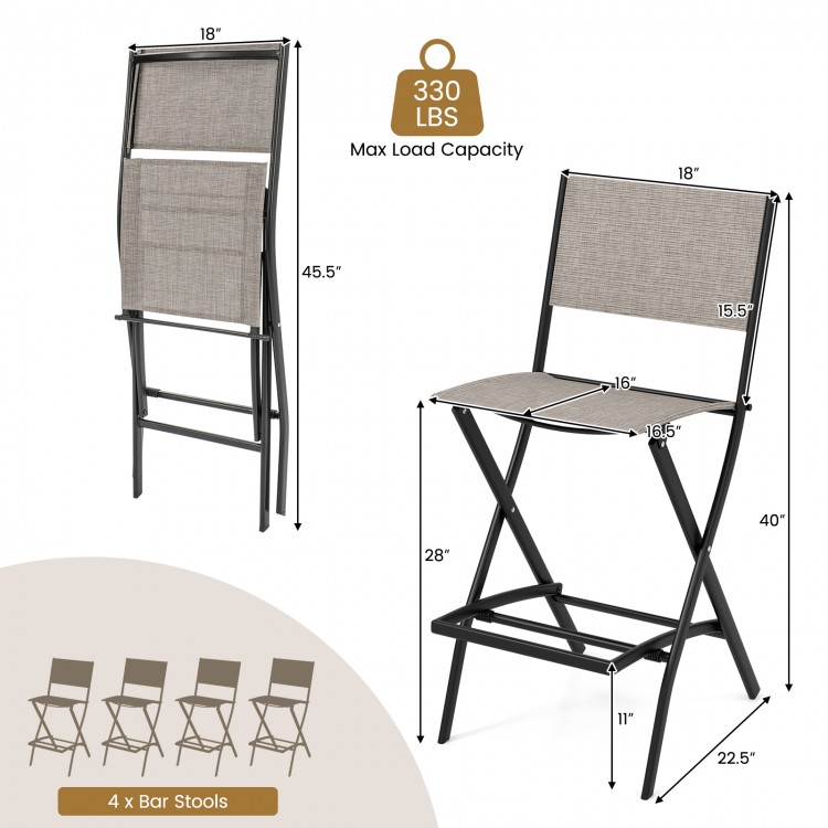 Outdoor folding bar height stool set of 4 with coffee fabric seats and sturdy metal frames for easy storage and.