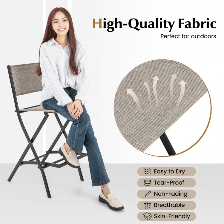 Outdoor folding bar height stool with metal frame, high-quality fabric, and footrest, perfect for outdoor use.